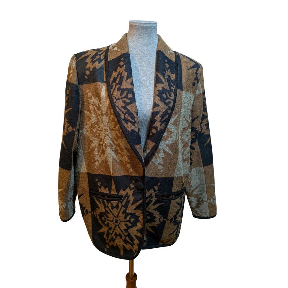 VTG Ali Miles L/XL Patchwork Aztec Blazer Art Blanket Snowflake Print Colorblock